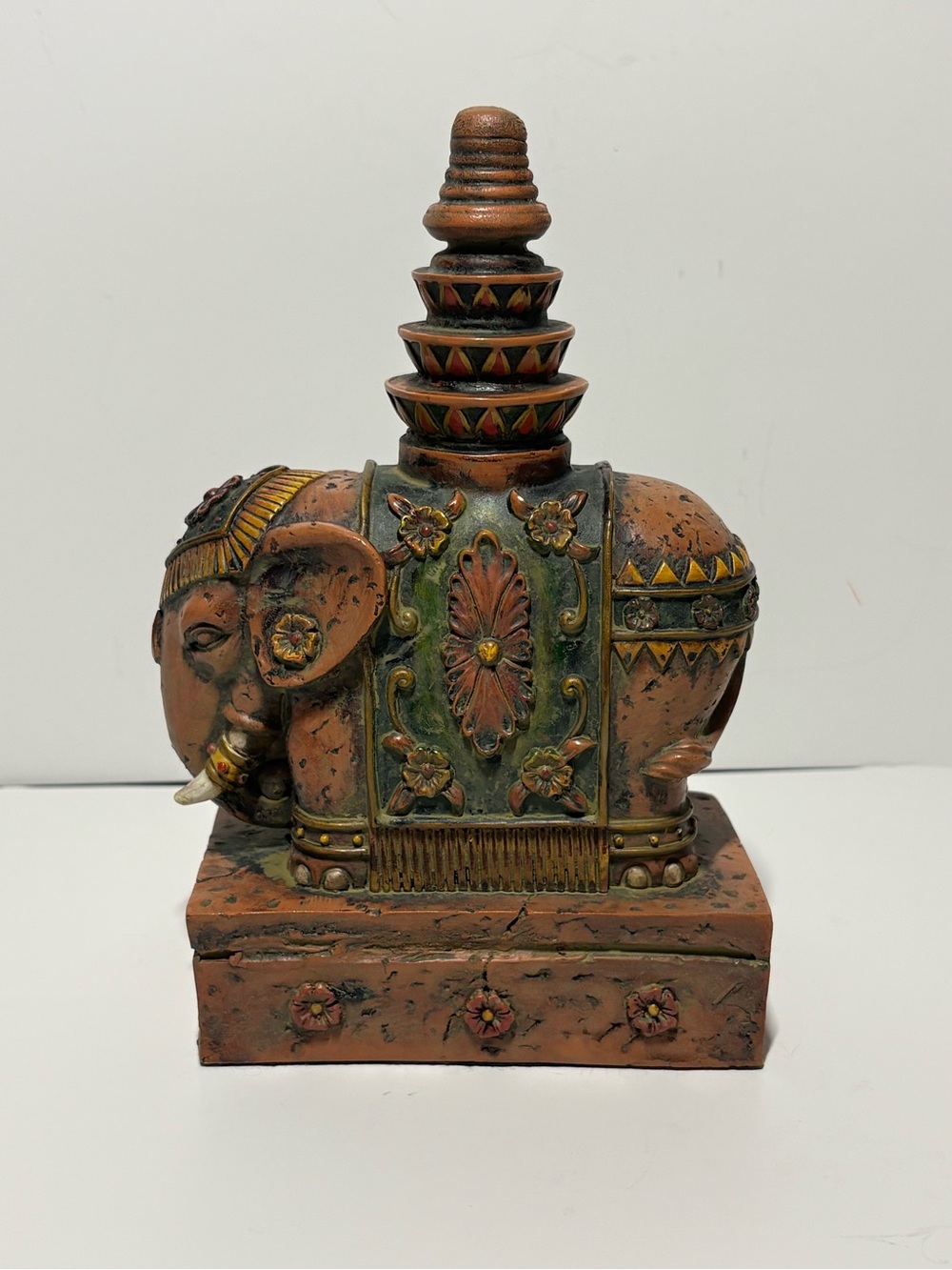 Hollywood Regency Elephant Temple Spire Figurine - Bronze & Green
